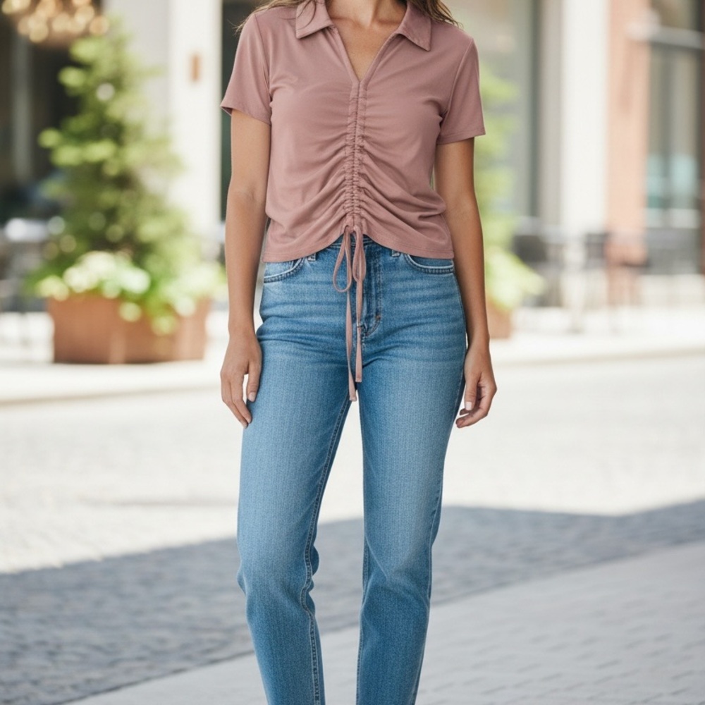 Soho Girls Ruched Drawstring Polo Top in Dusty Rose
